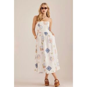 Damson Madder Peaches Embroidered Apron Midi Dress 8 NWT Organic Cotton White